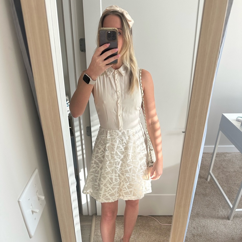 Alice + Olivia ivory / cream sleeveless collared dress with embroidered skirt
